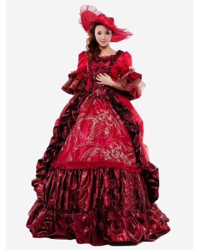 Victorian Burgundy Print Royal Court Bow Synthetic Costumes For Women ROCOCO Halloween Holiday Pageant