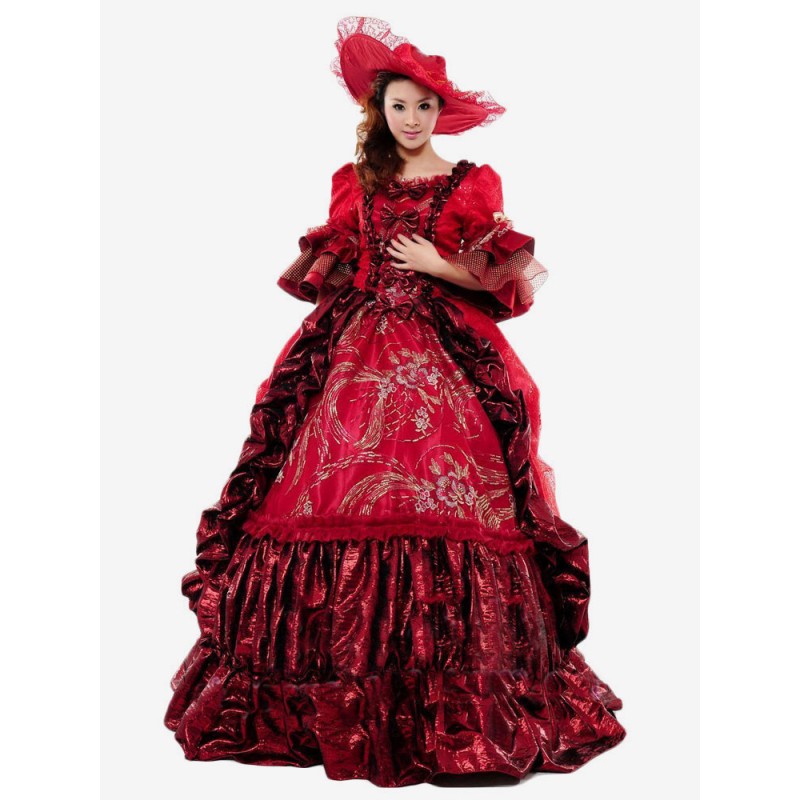 Victorian Burgundy Print Royal Court Bow Synthetic Costumes For Women ROCOCO Halloween Holiday Pageant