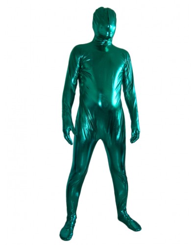 Men Halloween Dark Green Shiny Metallic Zentai Suit Solid