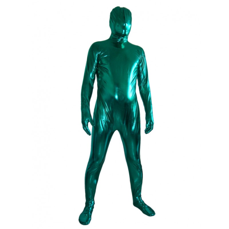 Men Halloween Dark Green Shiny Metallic Zentai Suit Solid