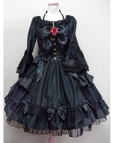 Classic Lolita Dress OP Alice Black Hime Long Sleeve Lace Ruffled Bow Button Lolita One Piece Dress With Red Flowers Tea Party