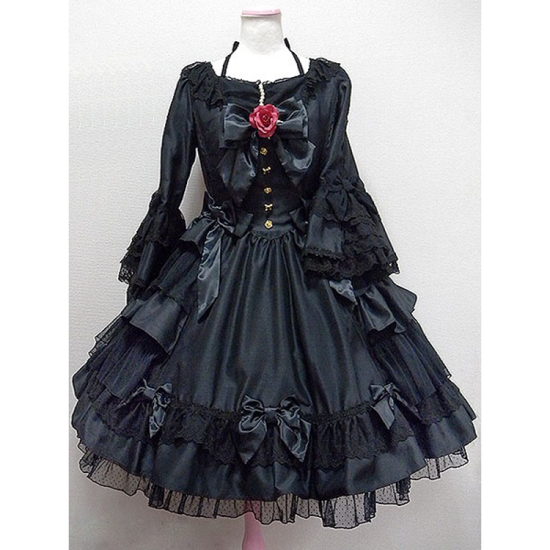 Classic Lolita Dress OP Alice Black Hime Long Sleeve Lace Ruffled Bow Button Lolita One Piece Dress With Red Flowers Tea Party