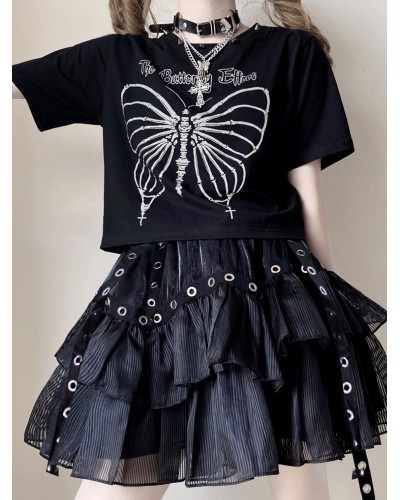 Lolita T Shirt For Women Black Butterfly Pattern Short Sleeves Polyester Lolita Blouse Tops Steampunk Gothic Daily Casual