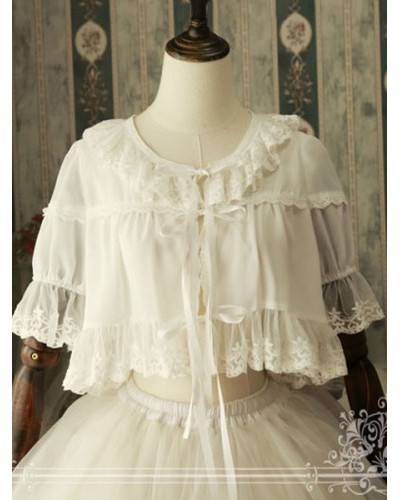 Classic Lolita Cover Up Magic Tea Party Chiffon Round Neck Ruffles White Lolita Top