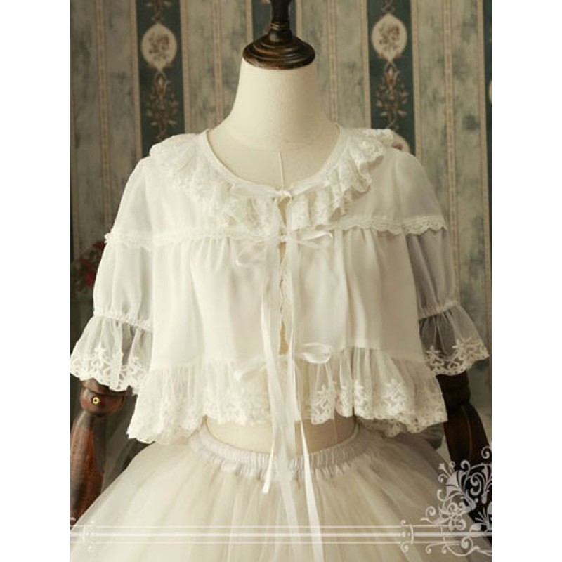 Classic Lolita Cover Up Magic Tea Party Chiffon Round Neck Ruffles White Lolita Top