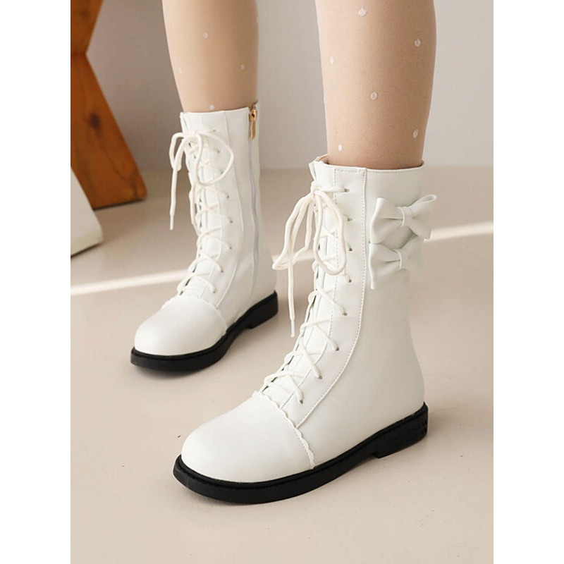 Sweet Lolita Boots Black Bows Round Toe PU Leather Lolita Footwear Daily Casual Tea Party