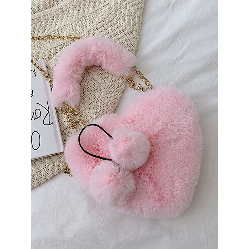 Sweet Lolita Bag Heart Shaped Faux Fur Pom Poms Cross Body Bag Cross-body Bag