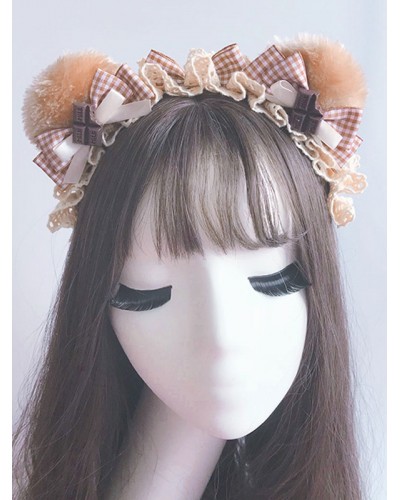 Lolita Hair Accessory Bear Ear Lace Ruffle Bow Khaki Lolita Hair Band Sweet