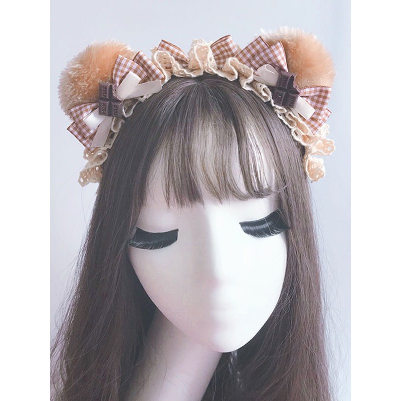 Lolita Hair Accessory Bear Ear Lace Ruffle Bow Khaki Lolita Hair Band Sweet