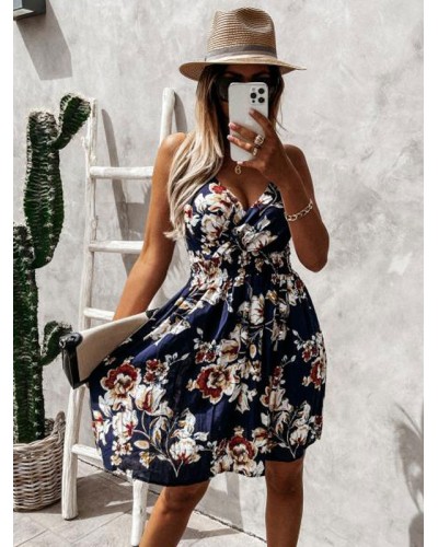 Women Dress White V-Neck Sleeves Floral Printed Midi Beach Dress Bohemian Summer