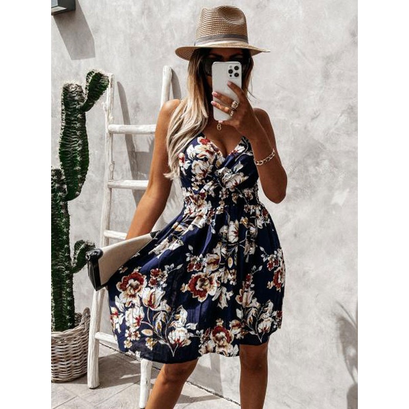 Women Dress White V-Neck Sleeves Floral Printed Midi Beach Dress Bohemian Summer