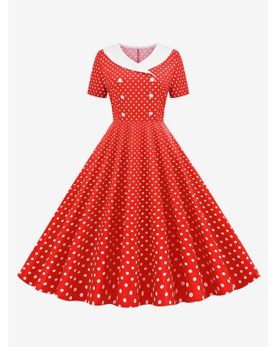 Women Vintage Dress 1950s Audrey Hepburn Style V-Neck Short Sleeves Knee Length Polka Dot Swing Dress Retro