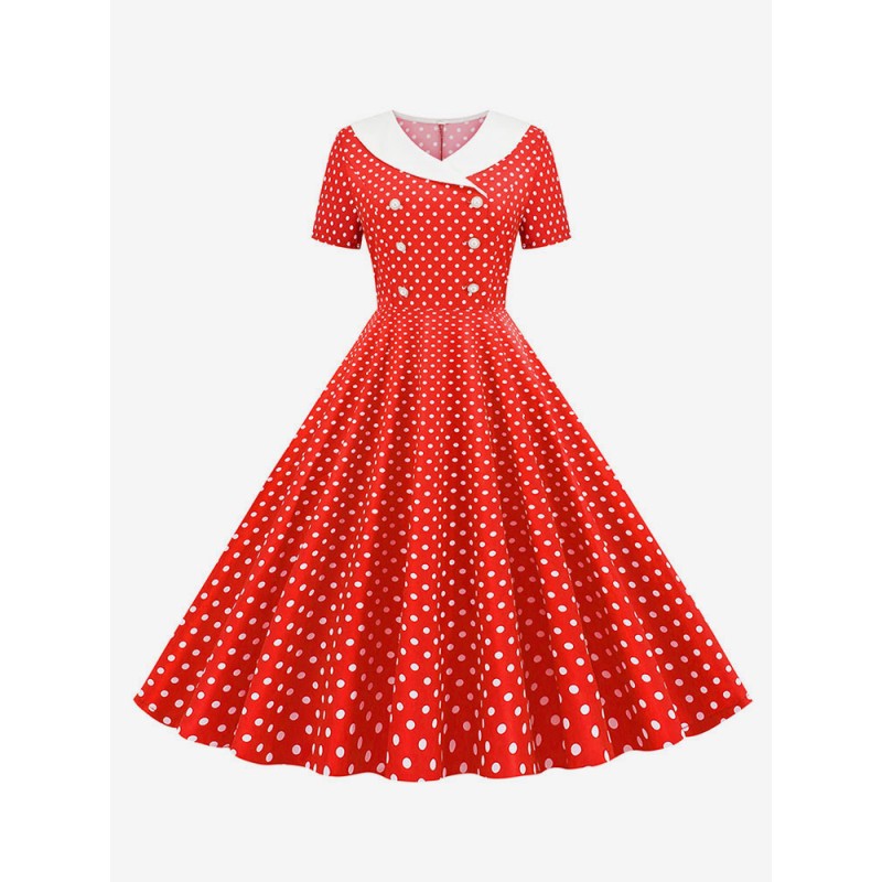 Women Vintage Dress 1950s Audrey Hepburn Style V-Neck Short Sleeves Knee Length Polka Dot Swing Dress Retro