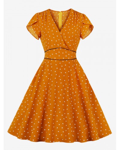 Women Dress 1950s Audrey Hepburn Style Orange Layered Printed Short Sleeves V-Neck Swing Dress Vintage Daily Casual