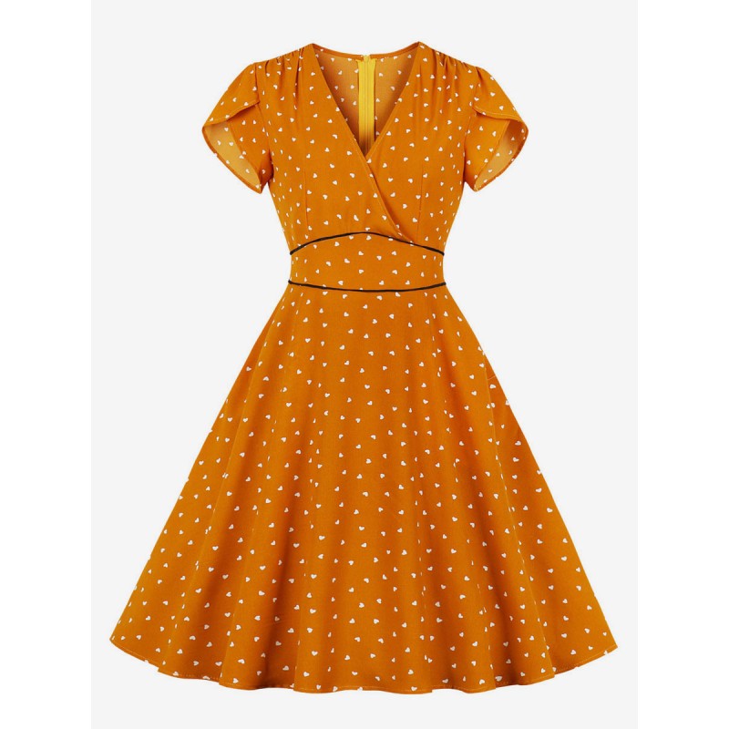 Women Dress 1950s Audrey Hepburn Style Orange Layered Printed Short Sleeves V-Neck Swing Dress Vintage Daily Casual