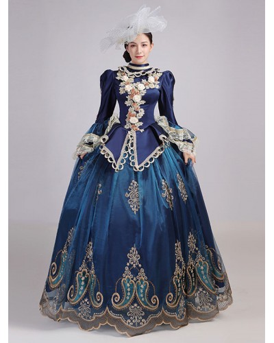 Women Blue Retro Costumes 's Lace Flowers Polyester Marie Antoinette Costume Headwear Dress Party Prom Dress Tunic Vintage Euro-Style