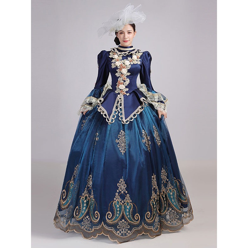 Women Blue Retro Costumes 's Lace Flowers Polyester Marie Antoinette Costume Headwear Dress Party Prom Dress Tunic Vintage Euro-Style