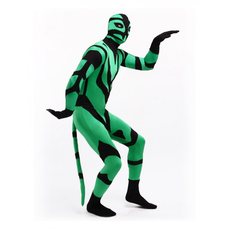 Green And Black Animal Style Lycra Spandex Fabric Zentai Suit Unisex Full Body Suit Bodysuit