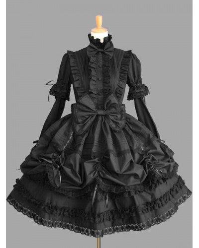 Sweet Lolita Dress OP Black High Collar Puff Long Sleeve Cotton Lace Ruffled Bow Lolita One Piece Dress Tea Party