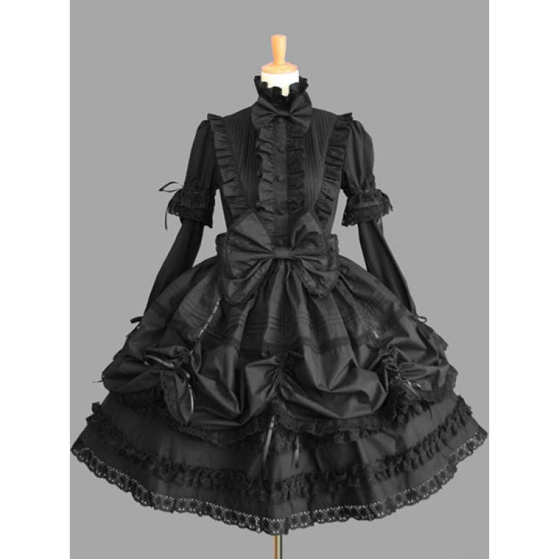 Sweet Lolita Dress OP Black High Collar Puff Long Sleeve Cotton Lace Ruffled Bow Lolita One Piece Dress Tea Party