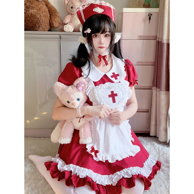 Sweet Lolita Dress Polyester Short Sleeves Ruffles Sweet Christmas Lolita Dress