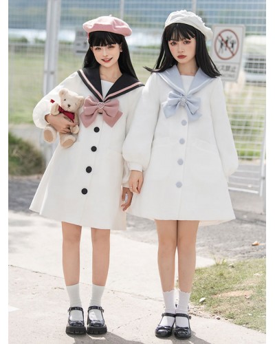 Navy Style Lolita S Light Sky Blue Bows Overcoat Polyester Winter Lolita Outwears Coat Navy Style Daily Casual Tea Party