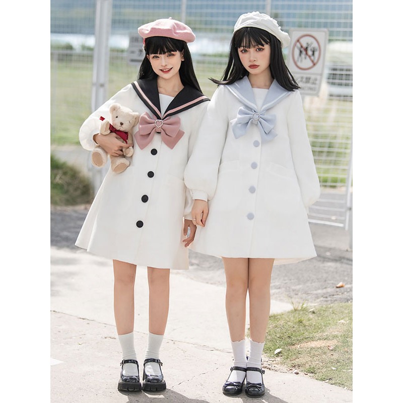 Navy Style Lolita S Light Sky Blue Bows Overcoat Polyester Winter Lolita Outwears Coat Navy Style Daily Casual Tea Party