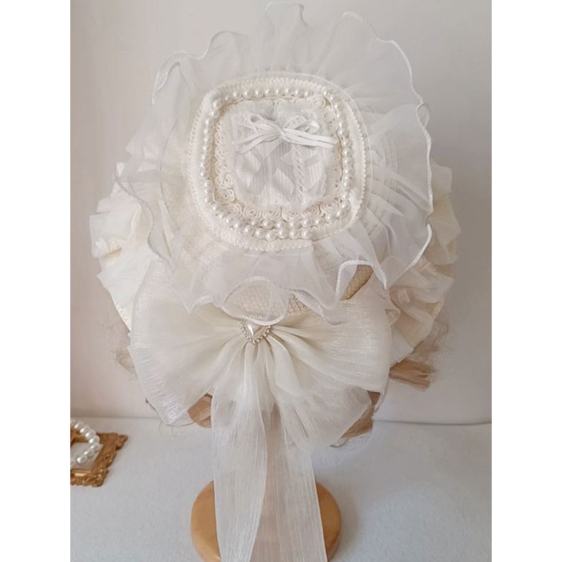 Style Lolita Hat Ecru White Ruffles Lace Bows Accessory Lolita Accessories Sweet ROCOCO Daily Casual Tea Party