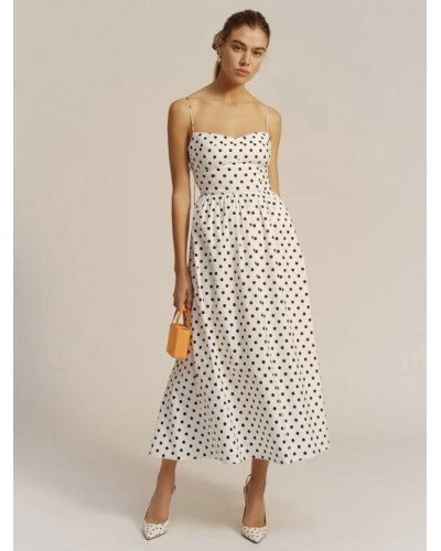 Women Midi Dress White Straps Neck Pleated Polka Dot Beach Dress Summer