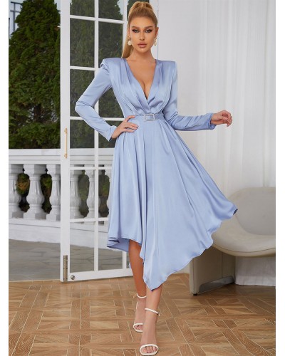 Women V-Neck Long Sleeves Midi Dress Simple Fall