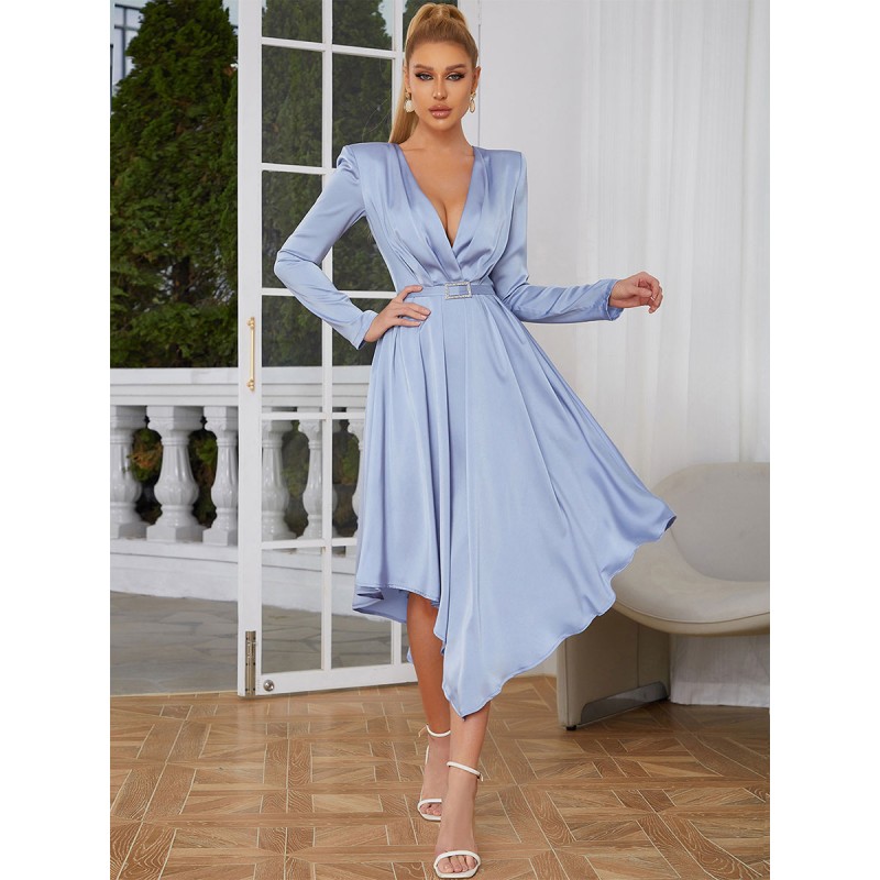 Women V-Neck Long Sleeves Midi Dress Simple Fall