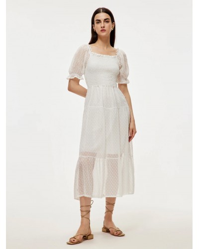 Women Midi Dress White Square Neck Chiffon Beach Dress Summer