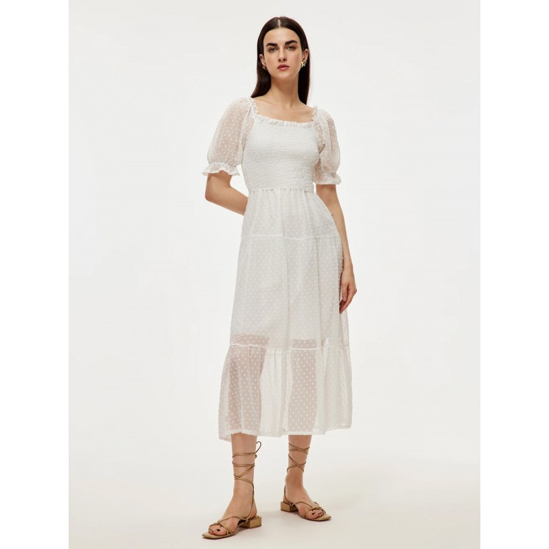 Women Midi Dress White Square Neck Chiffon Beach Dress Summer