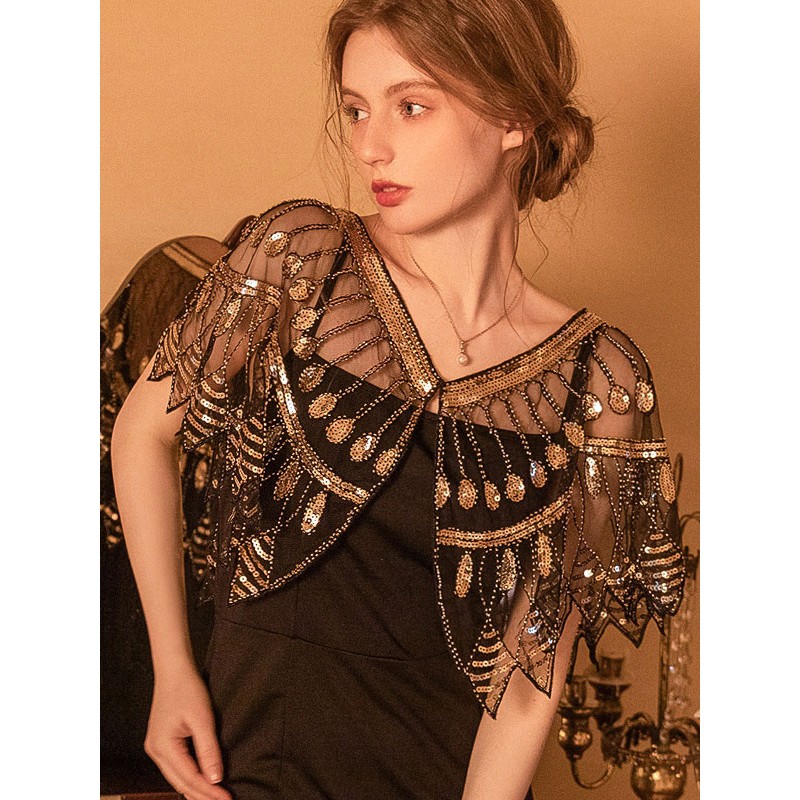 Women 1920S Poncho V-Neck Sheer Sequins Cape Retro Party Graduation Performance