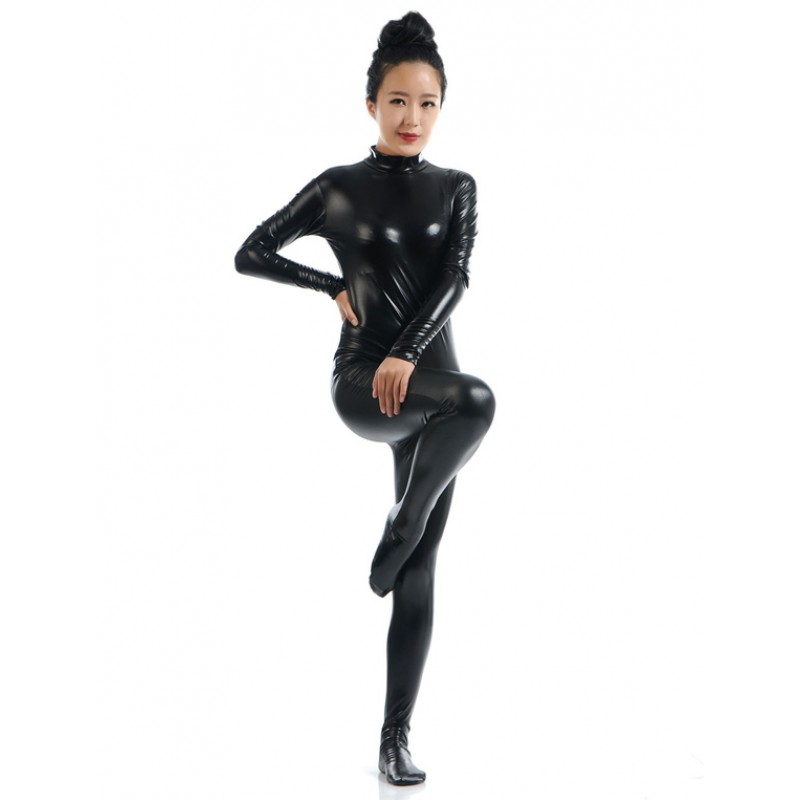 Women Black Adults Bodysuit Cosplay Jumpsuit Shiny Metallic Catsuit Solid