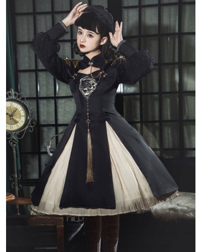 Military Style Lolita OP Dress Floral Print Long Sleeve Polyester Black Army Lolita One Piece Dress