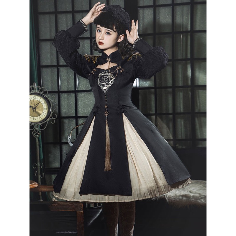 Military Style Lolita OP Dress Floral Print Long Sleeve Polyester Black Army Lolita One Piece Dress