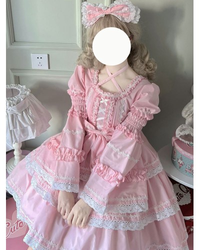 Sweet Lolita Dress Polyester Long Sleeves Dress Adjustable Elastic