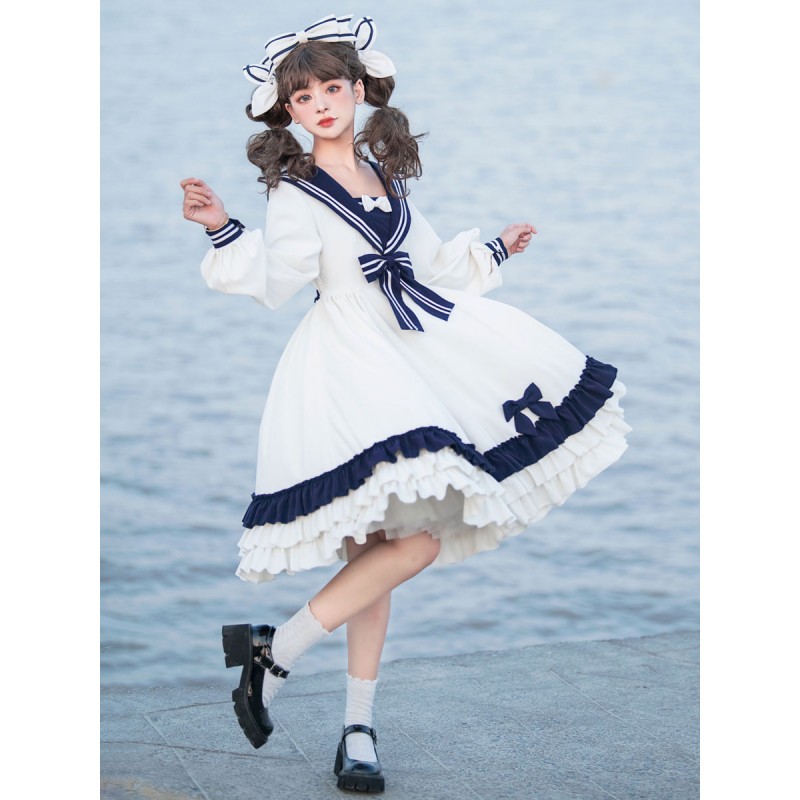 Sweet Lolita Dress Polyester Long Sleeves Ruffles Navy Style Dress