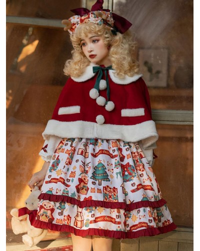 Red Lolita Cape For Christmas Polyester Pom Poms Sleeveless Color Block Lolita Outwears Fall Winter