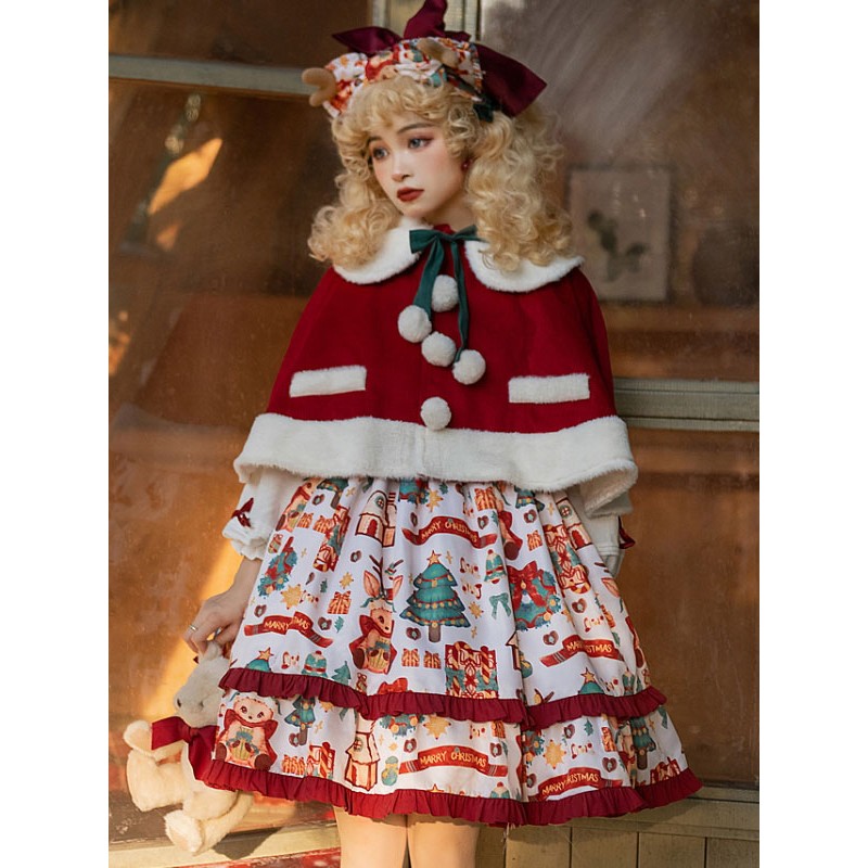 Red Lolita Cape For Christmas Polyester Pom Poms Sleeveless Color Block Lolita Outwears Fall Winter