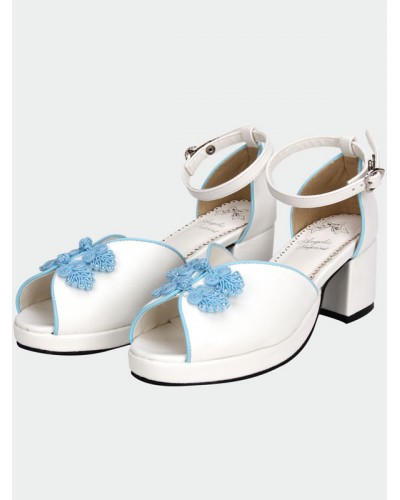 White Qi Lolita Sandals Chunky Pony Heels Blue Chinese Style Buttons Lovely Halloween