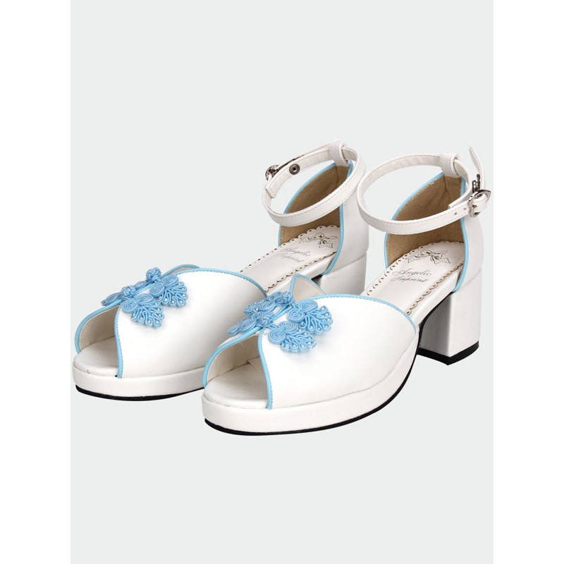 White Qi Lolita Sandals Chunky Pony Heels Blue Chinese Style Buttons Lovely Halloween