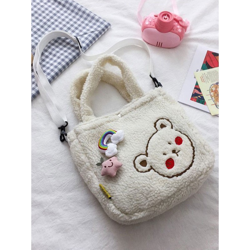 Sweet Lolita Bag White Faux Suede Teddy Bear Pattern Lolita Accessories Daily Casual