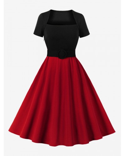 Women Vintage Dress Red Two-Tone 1950s Audrey Hepburn Style Short Sleeves Square Neck Knee Length Rockabilly Dress Bodycon Daily Casual Field Party