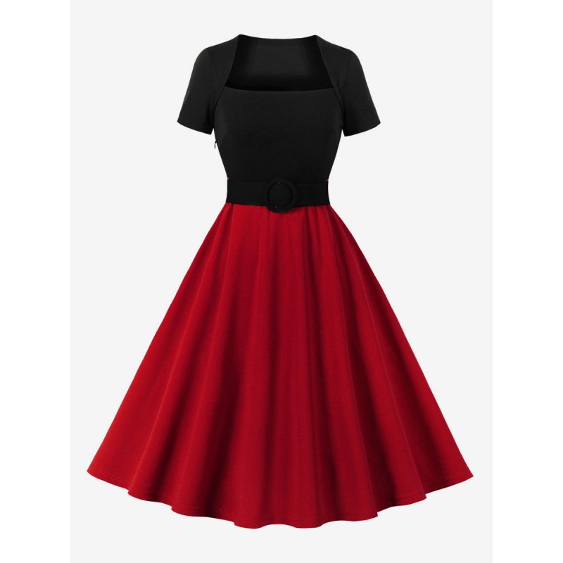 Women Vintage Dress Red Two-Tone 1950s Audrey Hepburn Style Short Sleeves Square Neck Knee Length Rockabilly Dress Bodycon Daily Casual Field Party