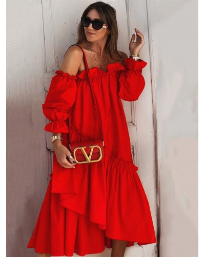 Women Dresses Long Sleeves Red Bateau Neck Asymmetrical Floor Length Dress Maxi Resort Wear