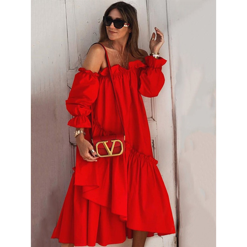 Women Dresses Long Sleeves Red Bateau Neck Asymmetrical Floor Length Dress Maxi Resort Wear