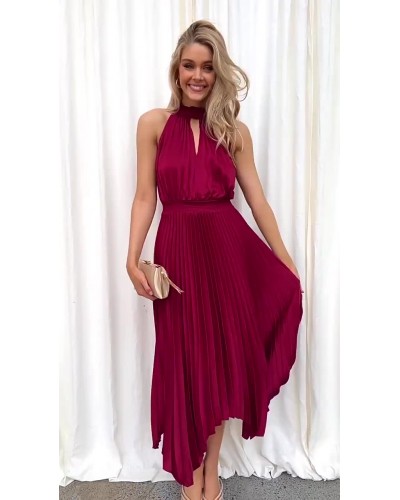 Women Dress High Collar Pleated Irregular Rose Long Beach Dress Sexy Elegant Summer