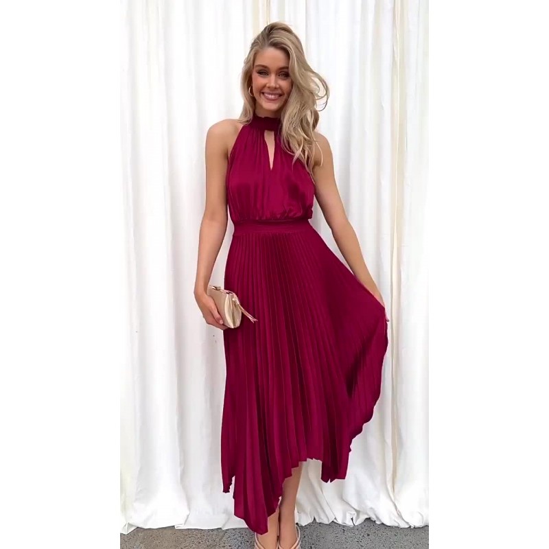 Women Dress High Collar Pleated Irregular Rose Long Beach Dress Sexy Elegant Summer